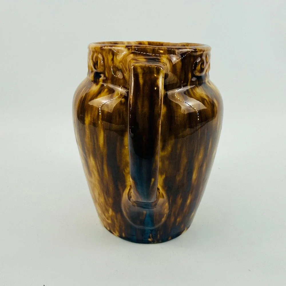 Antique Rockingham Glaze Stoneware Pitcher Brown Bennington Style Embossed 6.5in